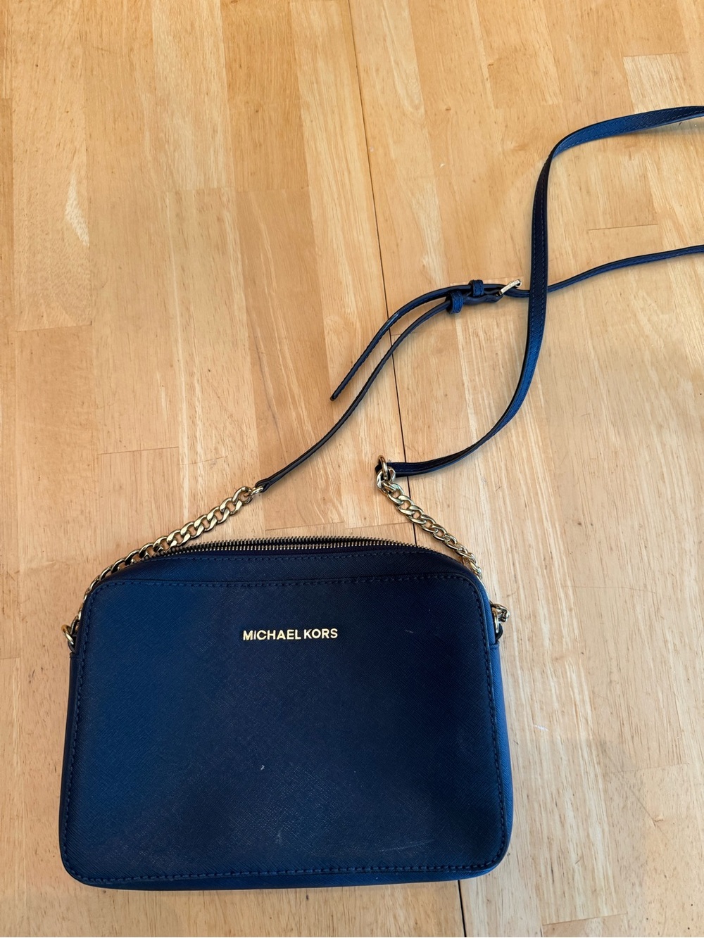 Michael Kors Navy Leather Crossbody with Gold Chain Accent